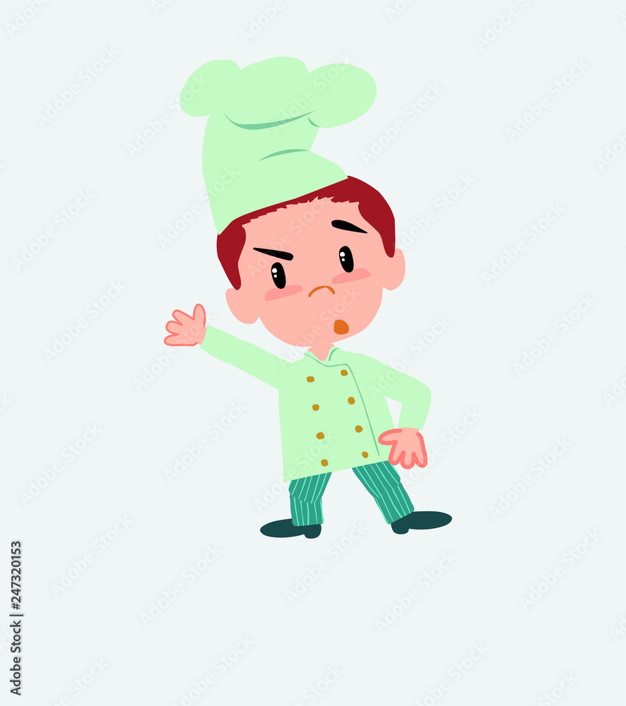 Chef something angry shows something to his right. Chef something angry shows something to his right.