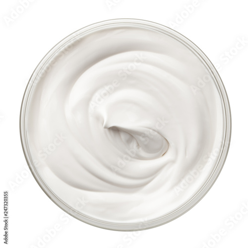 sour cream in glass, mayonnaise, yogurt, isolated on white background, clipping path, full depth of field