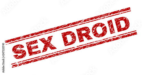 SEX DROID seal print with corroded texture. Red vector rubber print of SEX DROID text with dust texture. Text caption is placed between double parallel lines.