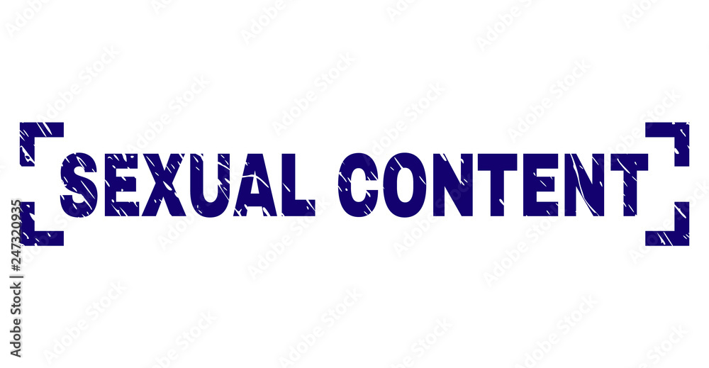 SEXUAL CONTENT tag seal watermark with grunge texture. Text tag is placed inside corners. Blue vector rubber print of SEXUAL CONTENT with dust texture.
