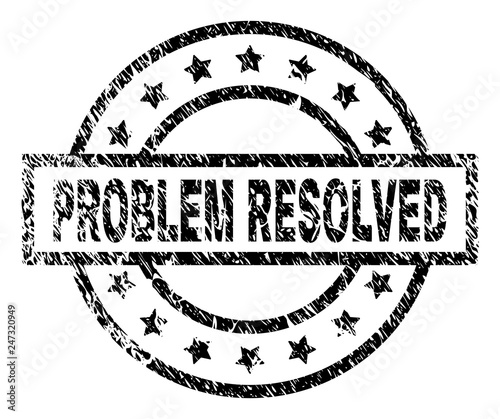 PROBLEM RESOLVED stamp seal watermark with distress style. Designed with rectangle, circles and stars. Black vector rubber print of PROBLEM RESOLVED label with unclean texture.