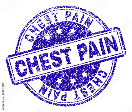 CHEST PAIN stamp seal imprint with distress texture. Designed with rounded rectangles and circles. Blue vector rubber print of CHEST PAIN tag with grunge texture.