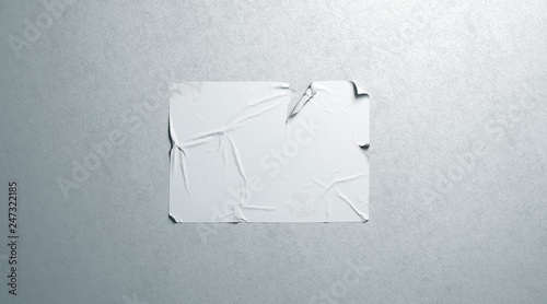 Blank white wheatpaste adhesive tear poster mockup on textured wall, 3d rendering. Empty ragged glue placard mock up. Clear horizontal creased display for signage or print design template. © Alexandr Bognat