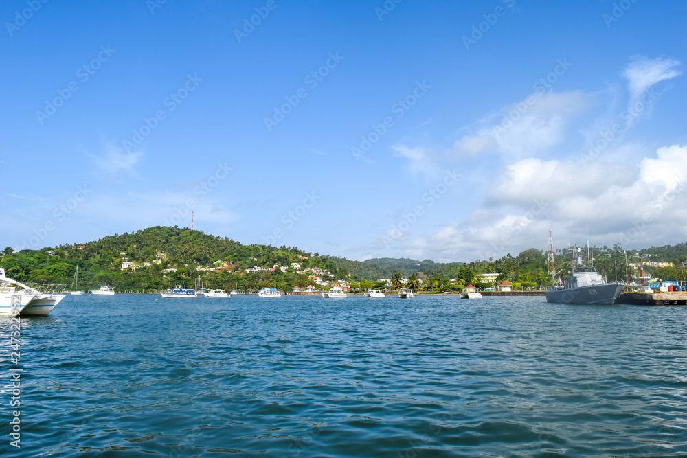 Samana port view from ocean with many boats, dominican republic