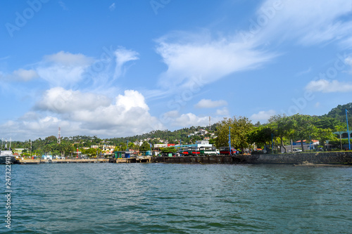Fototapeta Naklejka Na Ścianę i Meble -  Samana port view from ocean with many boats, dominican republic