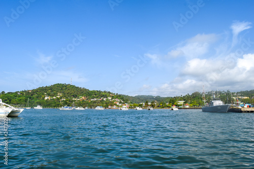 Samana port view from ocean with many boats, dominican republic