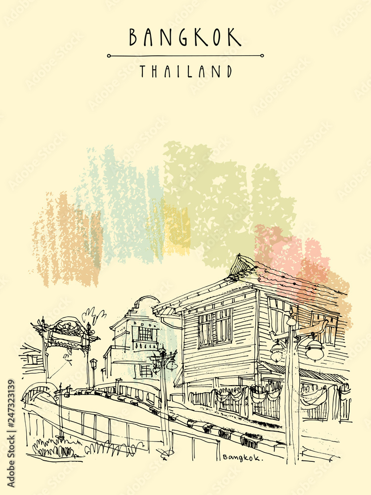 Old printhouse house and a bridge in Bangkok, Thailand, Asia. Vintage hand drawn postcard Old printhouse house and a bridge in Bangkok, Thailand, Asia. Vintage hand drawn postcard