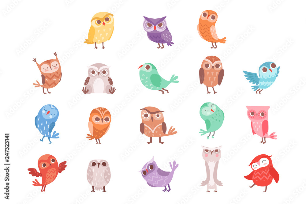 Cute cartoon colorful owls set, lovely owlets vector Illustrations