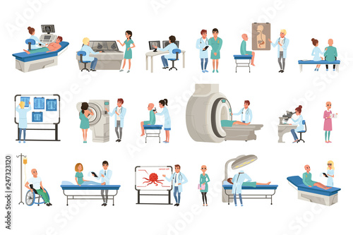 Diagnostic and treatment of cancer set, doctors, patients and equipment for oncology medicine vector Illustrations