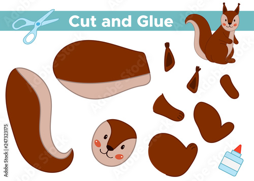 Education paper game for preschool kids. Create the applique cute squirrel. Cut and glue. Forest animals. Vector illustration.