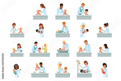 Pediatrician doctors doing medical examination of little kids set, male and female doctors checkup for babies vector Illustrations