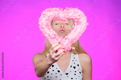 Girl romantic mood dream about date. Love and romance. Woman gorgeous blonde girl hold heart valentines decoration. Happy valentines day. Valentines day attribute. Prepare celebration valentines day