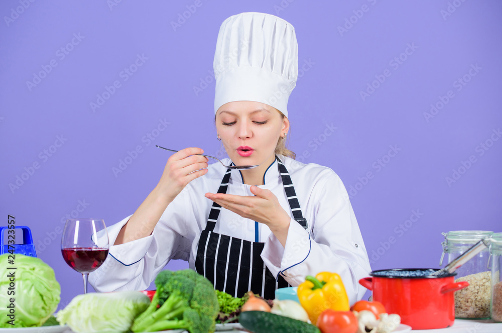 Gourmet main dish recipes. Delicious recipe concept. Girl in hat and apron. Cooking healthy food. Fresh vegetables ingredients for cooking meal. Lets start cooking. Woman chef cooking healthy food Gourmet main dish recipes. Delicious recipe concept. Girl in hat and apron. Cooking healthy food. Fresh vegetables ingredients for cooking meal. Lets start cooking. Woman chef cooking healthy food
