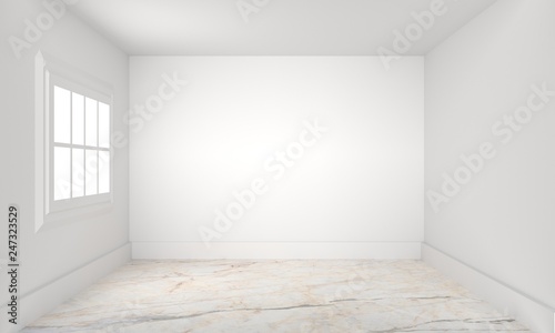 Empty room with whitewashed floating laminate flooring and newly painted white wall in background