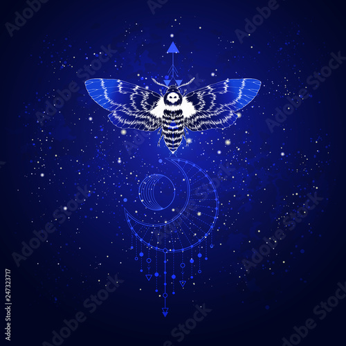 Vector illustration with hand drawn butterfly Dead head and Sacred geometric symbol against the starry sky. Abstract mystic sign. Linear shape. © nadezhdash