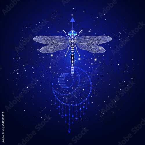 Vector illustration with hand drawn dragonfly and Sacred geometric symbol against the starry sky. Abstract mystic sign. Linear shape. 