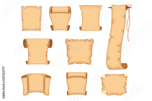 Ancient paper scrolls set, ancient parchments vector Illustrations on a white background