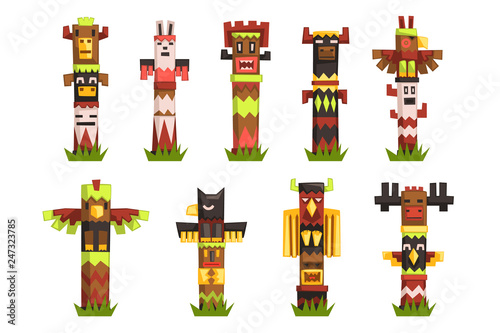 Traditional religious Totem Poles set, native culture tribal symbol, carved idol masks vector Illustrations