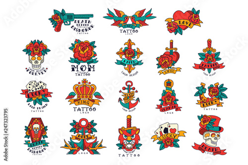 Colorfull tattoos in vintage style set of vector Illustrations