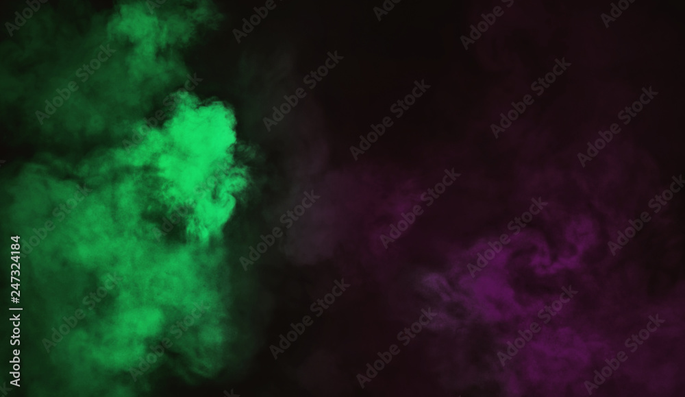 Duotone green vs purple smoke on background. Misty texture effect