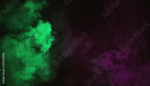 Duotone green vs purple smoke on background. Misty texture effect