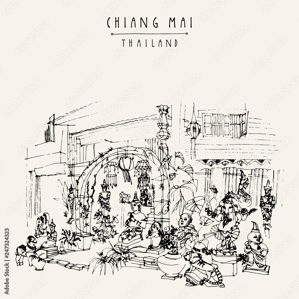 Obraz premium Sculptures ans statues in a Buddhist temple in Chiang Mai, Thailand, Southeast Asia. Hand drawing. Vintage artwork. Travel sketch. Book illustration, touristic postcard or poster