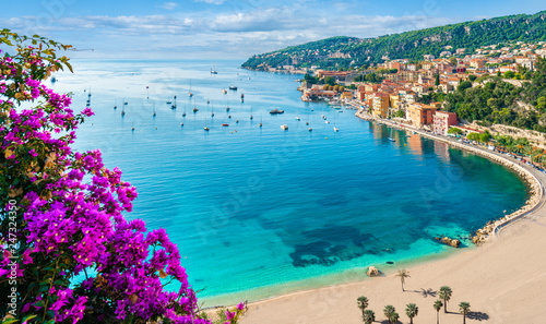 French Riviera coast with medieval town Villefranche sur Mer, Nice region, France photo