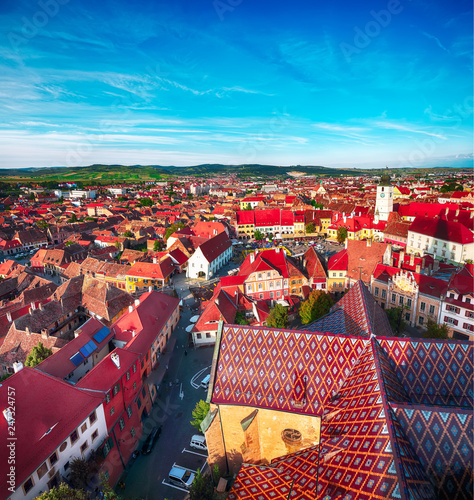 View from bell tower of St Mary Cathedral on the Old Town in Sibiu city. photo