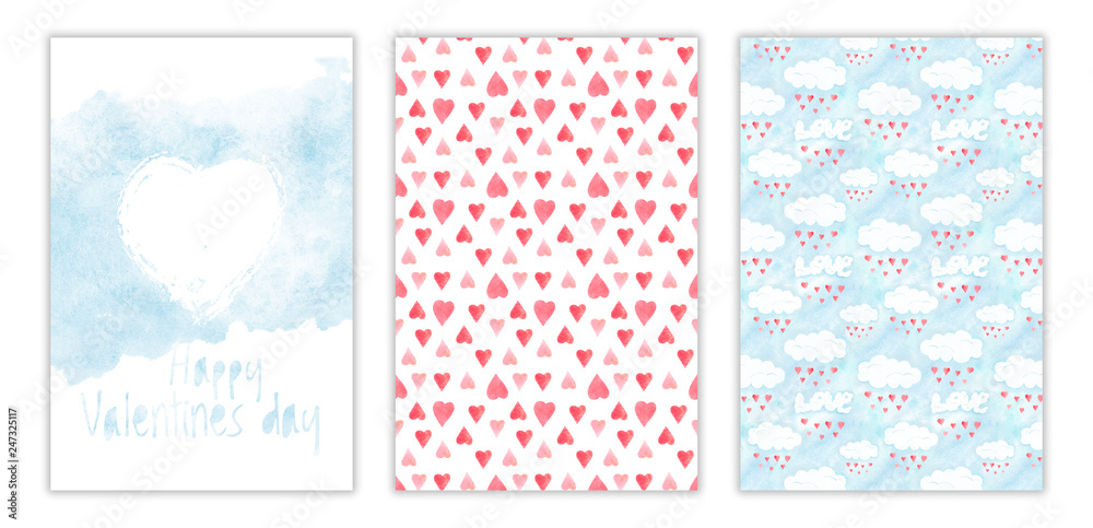 Happy Valentines day watercolor three-way card cover. Hand drawn illustration with aquarelle hearts and clouds, love symbol for greetings and invitations