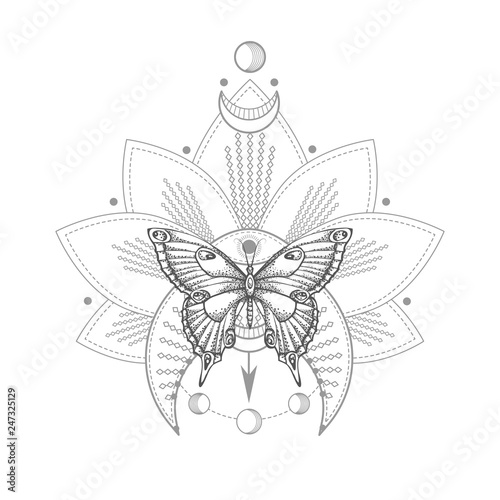 Vector illustration with hand drawn butterfly and Sacred geometric symbol on white background. Abstract mystic sign. Black linear shape. For you design, tattoo or magic craft.