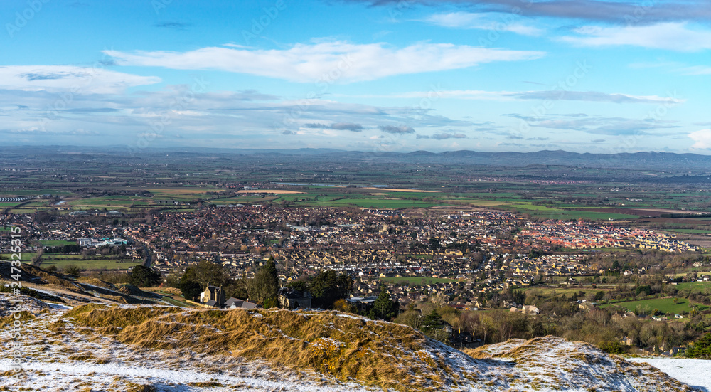 Panorama from Cleeve Hill looking out over Cheltenham and to the Severn Plain beyond