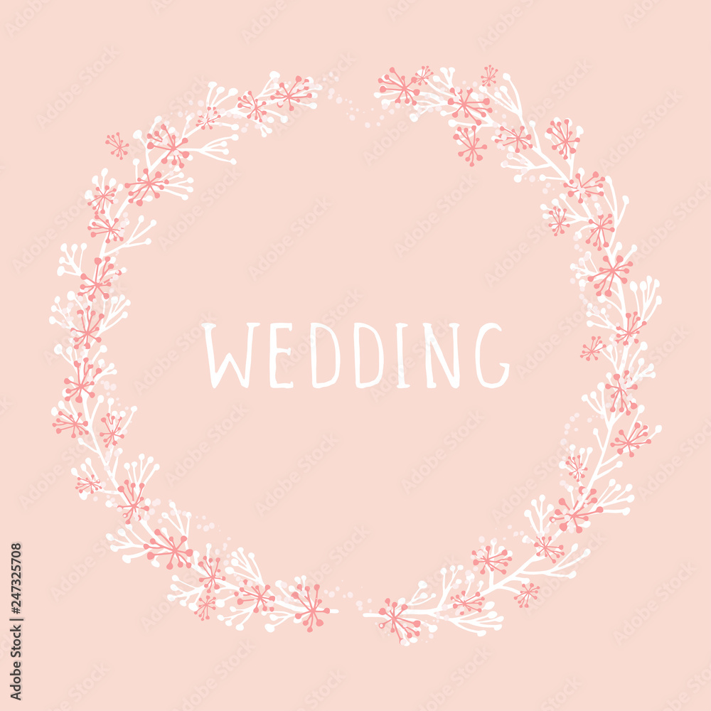 Vector hand drawn illustration of text WEDDING and floral round frame on orange background. Colorful.