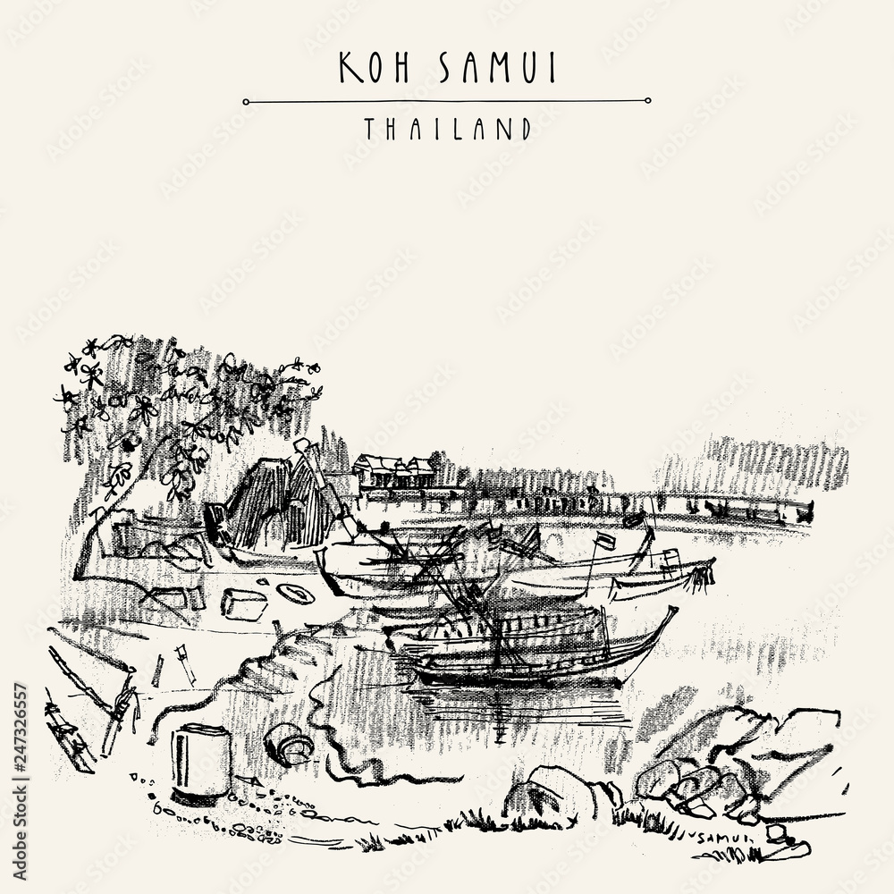 Koh Samui island, Thailand, Southeast Asia. Rural tropical landscape sketch. Vintage touristic postcard