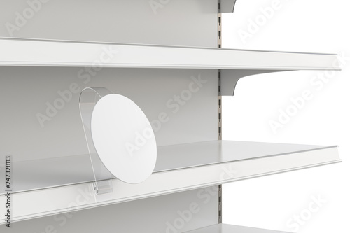 Blank shelf advertising wobbler label or stopper on empty shelf. photo