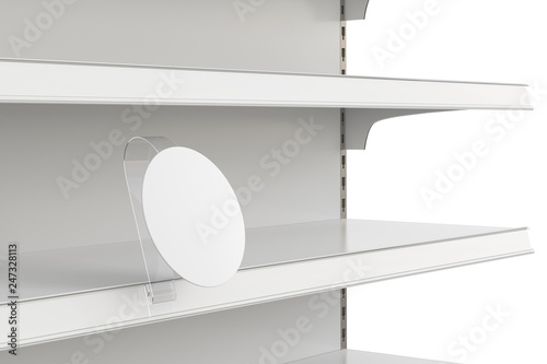 Blank shelf advertising wobbler label or stopper on empty shelf.