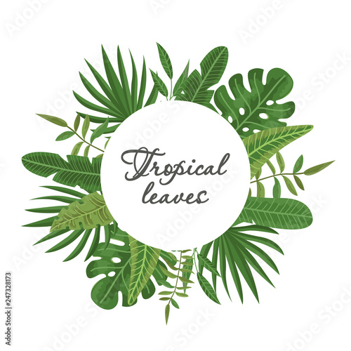 Bright wreath of colorful tropical leaves and flowers