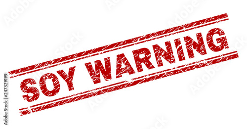 SOY WARNING seal print with distress texture. Red vector rubber print of SOY WARNING caption with unclean texture. Text caption is placed between double parallel lines.