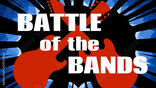 live music event promotional poster vector illustration of two rock guitars clash over inverse starburst background with battle of the bands text