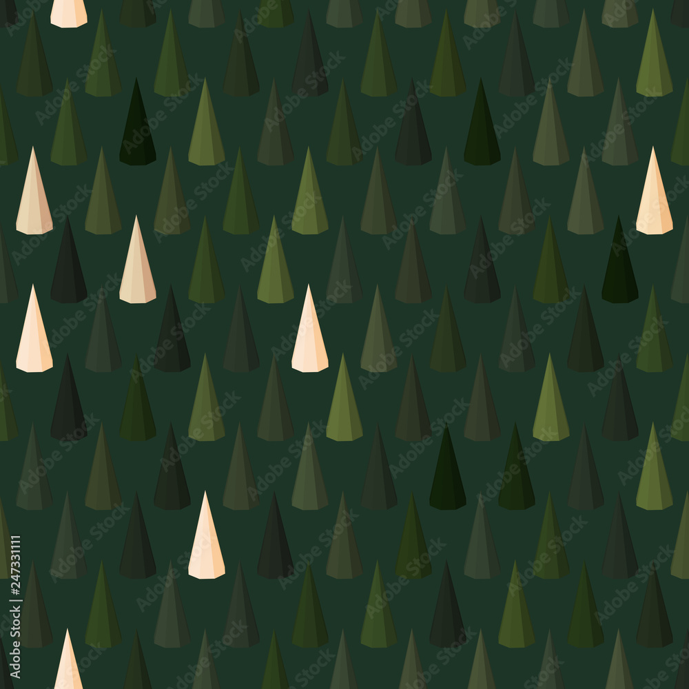 Seamless trees pattern. Green background with 3D cones. Seamless trees pattern. Green background with 3D cones.