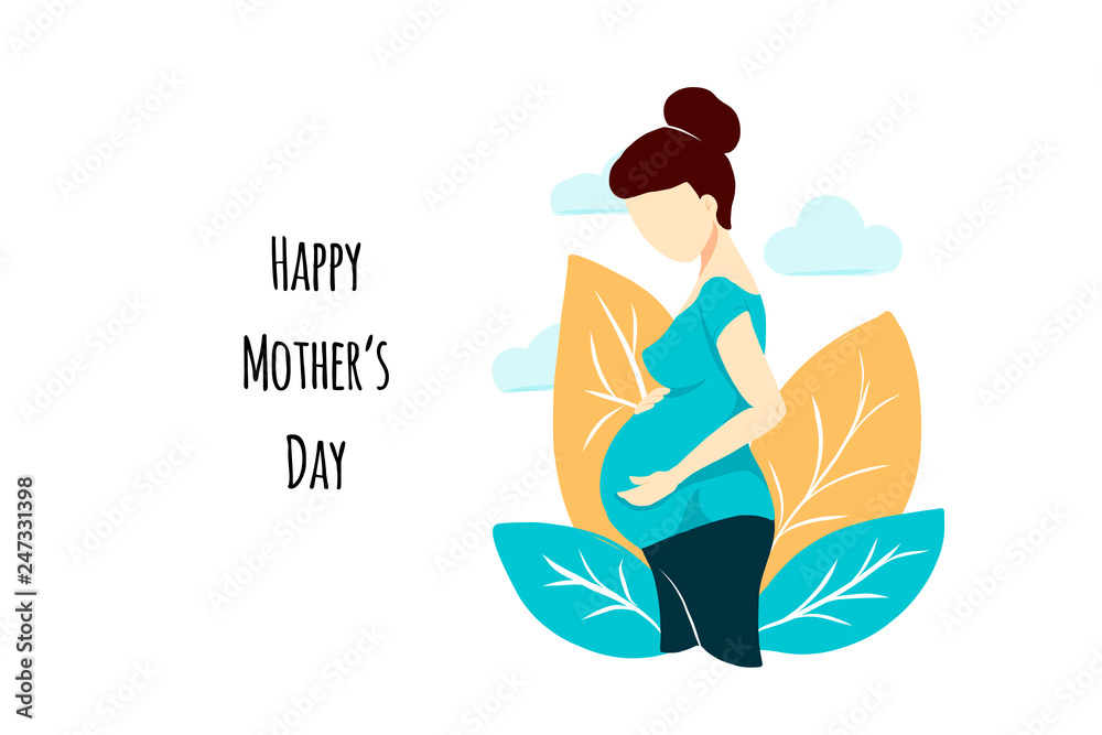Vector flat style pregnant woman on white on Mother's Day card. Composition with leaves and clouds. Female waiting for a child for babycare site, birthing center, maternity home, doula, mom health