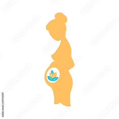 Vector line art pregnant woman isolated on white background. Female waiting for a child for babycare site, birthing center, maternity home, doula, mom health, future mother silhouette with leaves