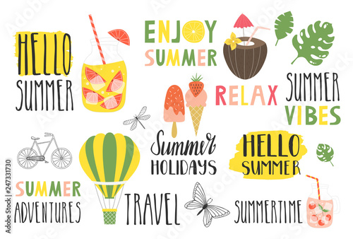 Set of summer lettering and illustrations. Summertime design with ice cream, hot air balloon and tropical leaves.