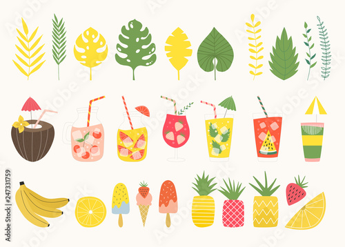 Set of summer items. Vector leaves, cocktails and fruits. Perfect for summertime design.