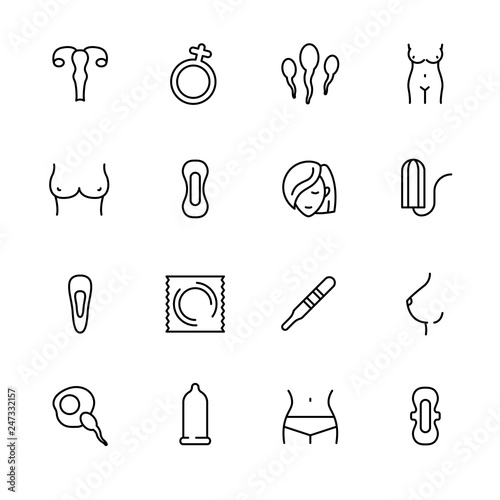 Simple icon set woman health, family planning and pregnancy. Ovulation and menstruation. Intimate relationships and sex life. Contains such symbols gaskets, tampons, hygiene, condom, mammary glands.