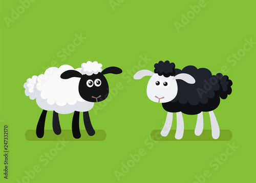 Cartoon black and white sheep standing on plain green background