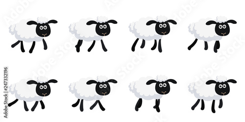 Cartoon trotting sheep animation sprite sheet isolated on white background