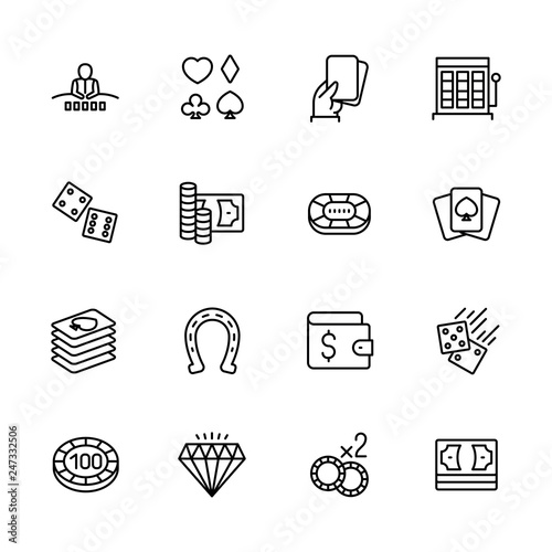 Simple icon set casino, gambling and card games. Contains such symbols diller, player, dice, cards, suit, chips, money, bets, jackpot, slot machines. photo