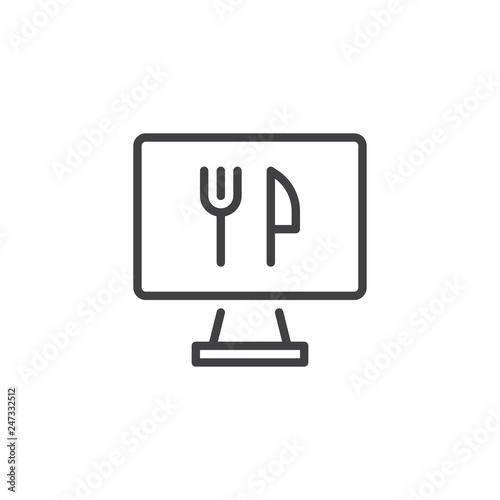 Food ordering computer monitor line icon. linear style sign for mobile concept and web design. Monitor with fork and knife outline vector icon. Symbol, logo illustration. Pixel perfect vector graphics