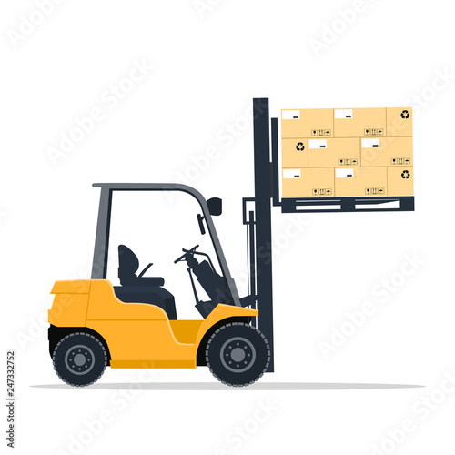 Industrial forklift design lifting cardboard boxes on a pallet