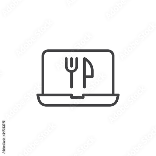 Online food ordering computer screen line icon. linear style sign for mobile concept and web design. Laptop with fork and knife outline vector icon. Symbol, logo illustration. Pixel perfect vector 